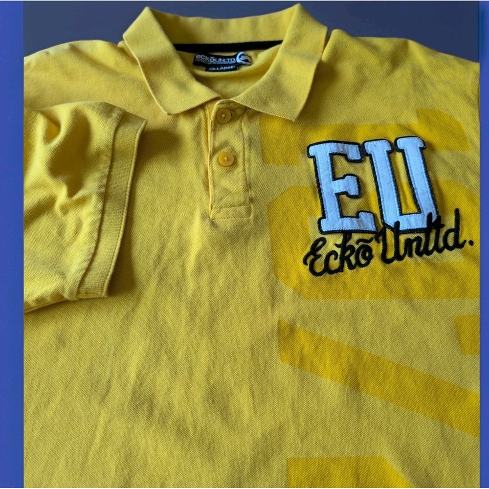 Vntg Y2K Ecko Unltd. Polo Shirt 2XL Mens Yellow Applique Logo Streetwear Skater